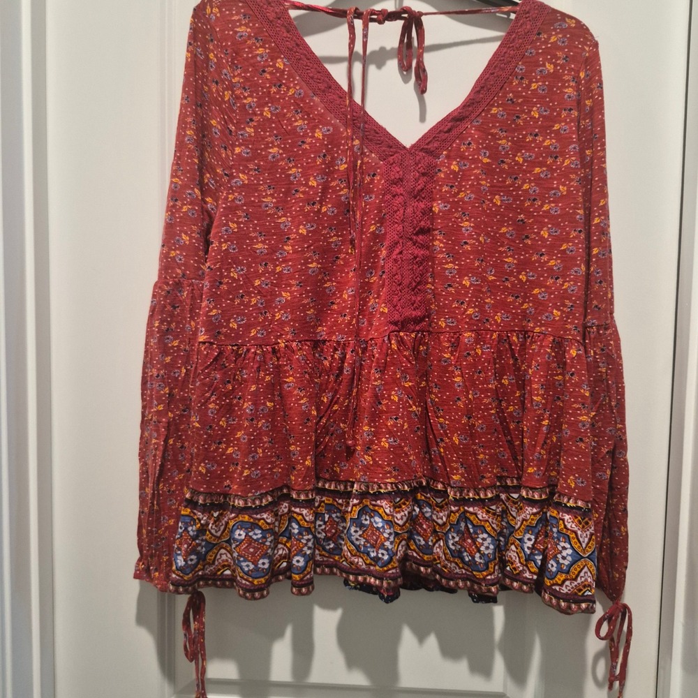 True Craft Womens Boho Floral Babydoll Top Rust Red Lace Trim Long Sleeve 2x
